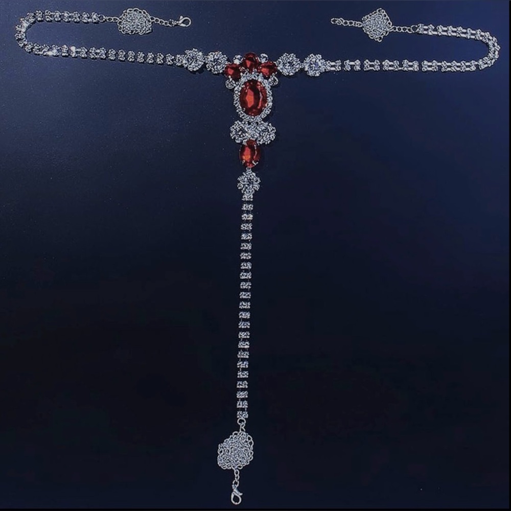 Red Rhinestone Thong Crystal Waist Bikini Body Chain Rhinestone G-String Chain - Picture 5 of 8